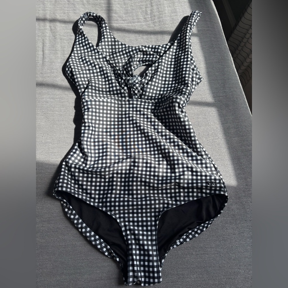 Albion Fit Medium One Piece $50 open back and tie front black gingham